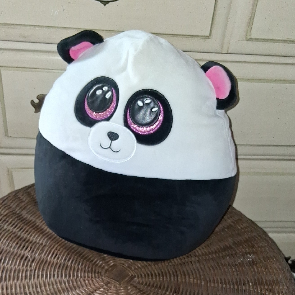 TY Squish-A-Boos Bamboo Cuddly Black and White Panda Plush with Pink Ears 12"